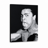 Ručne maľovaný POP Art obraz Muhamad Ali – 3D vizualizácia ručne maľovaného plátna na bielom pozadí. Dominantné farby: čierna, sivá, biela.