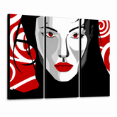 Ručne maľovaný POP Art obraz Nice WOMAN – 3D vizualizácia ručne maľovaného plátna na bielom pozadí. Dominantné farby: čierna, červená, biela.