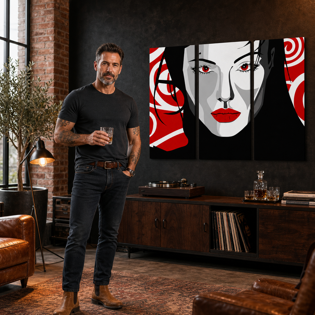 Ručne maľovaný POP Art obraz Nice WOMAN – obraz v modernom mužskom interiéri, lifestyle vizualizácia. Dominantné farby: čierna, červená, biela.