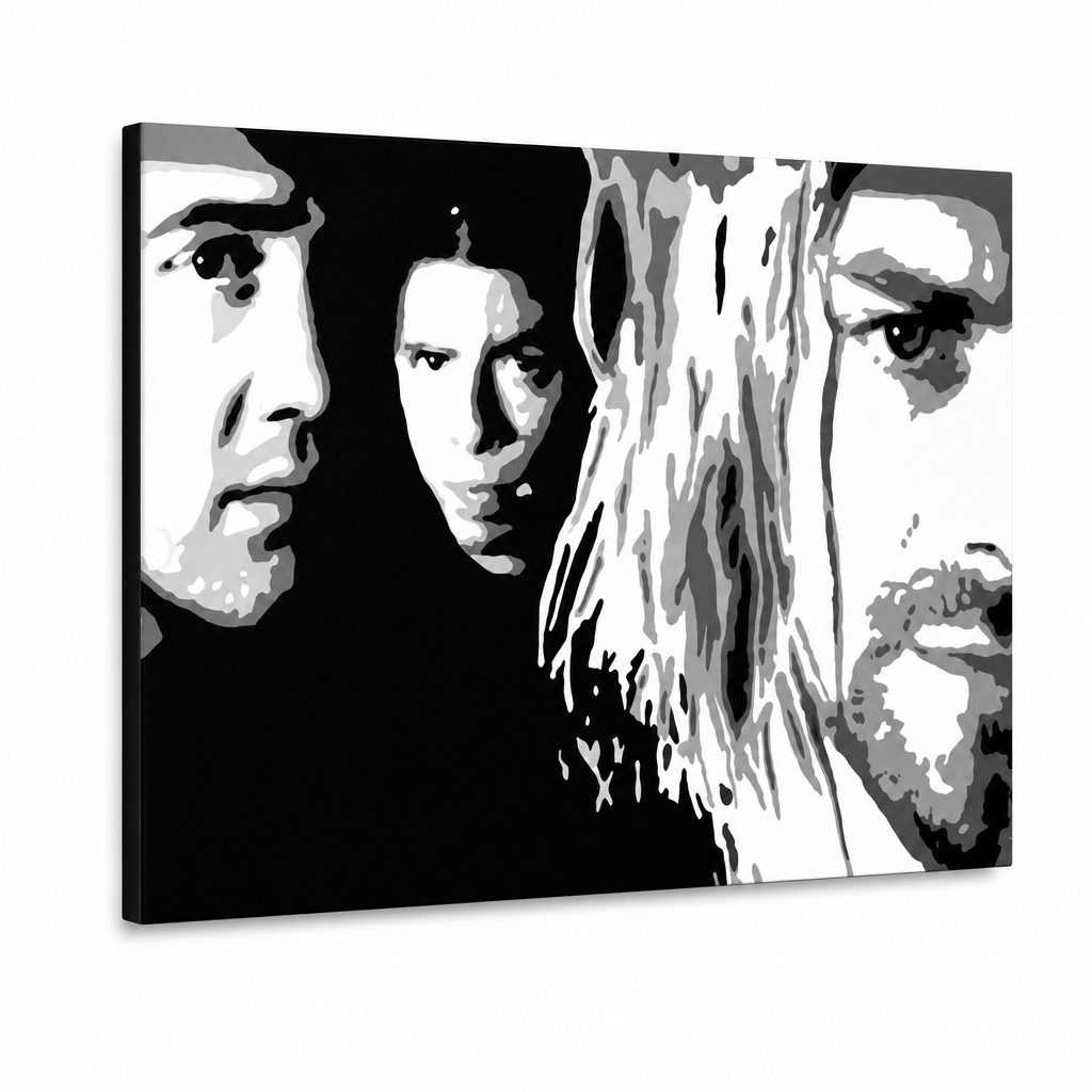 Ručne maľovaný POP Art obraz Nirvana – 3D vizualizácia ručne maľovaného plátna na bielom pozadí. Dominantné farby: čierna, biela, sivá.