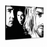 Ručne maľovaný POP Art obraz Nirvana – 3D vizualizácia ručne maľovaného plátna na bielom pozadí. Dominantné farby: čierna, biela, sivá.