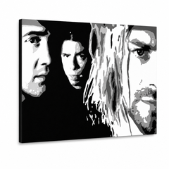 Ručne maľovaný POP Art obraz Nirvana – 3D vizualizácia ručne maľovaného plátna na bielom pozadí. Dominantné farby: čierna, biela, sivá.