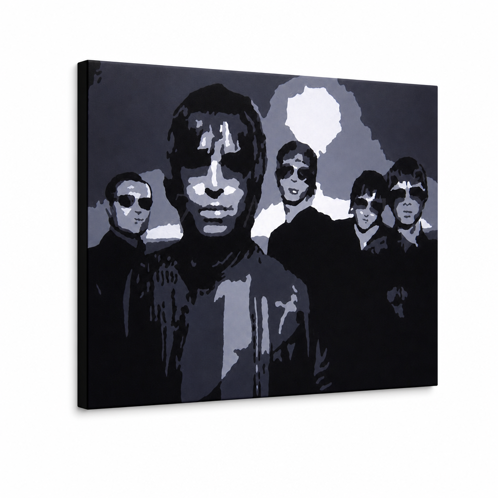 Ručne maľovaný POP Art obraz Oasis – 3D vizualizácia ručne maľovaného plátna na bielom pozadí. Dominantné farby: čierna, sivá, biela.