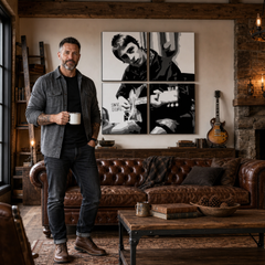Ručne maľovaný POP Art obraz Paul Weller – obraz v modernom mužskom interiéri, lifestyle vizualizácia. Dominantné farby: čierna, biela, sivá.