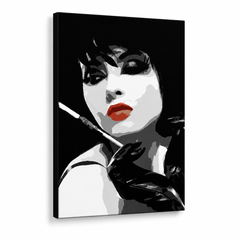 Ručne maľovaný POP Art obraz Pop woman – 3D vizualizácia ručne maľovaného plátna na bielom pozadí. Dominantné farby: čierna, biela, červená.