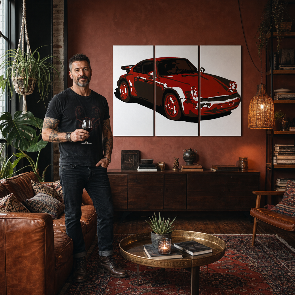 Ručne maľovaný POP Art obraz PORSCHE 911 – obraz v modernom mužskom interiéri, lifestyle vizualizácia. Dominantné farby: červená, čierna, biela.