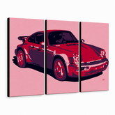 Ručne maľovaný POP Art obraz PORSCHE 911 – 3D vizualizácia ručne maľovaného plátna na bielom pozadí. Dominantné farby: červená, ružová, čierna.