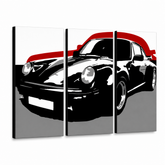 Ručne maľovaný POP Art obraz PORSCHE 911 – 3D vizualizácia ručne maľovaného plátna na bielom pozadí. Dominantné farby: čierna, červená, sivá.