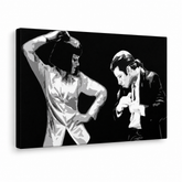 Ručne maľovaný POP Art obraz Pulp Fiction – 3D vizualizácia ručne maľovaného plátna na bielom pozadí. Dominantné farby: čierna, biela, sivá.