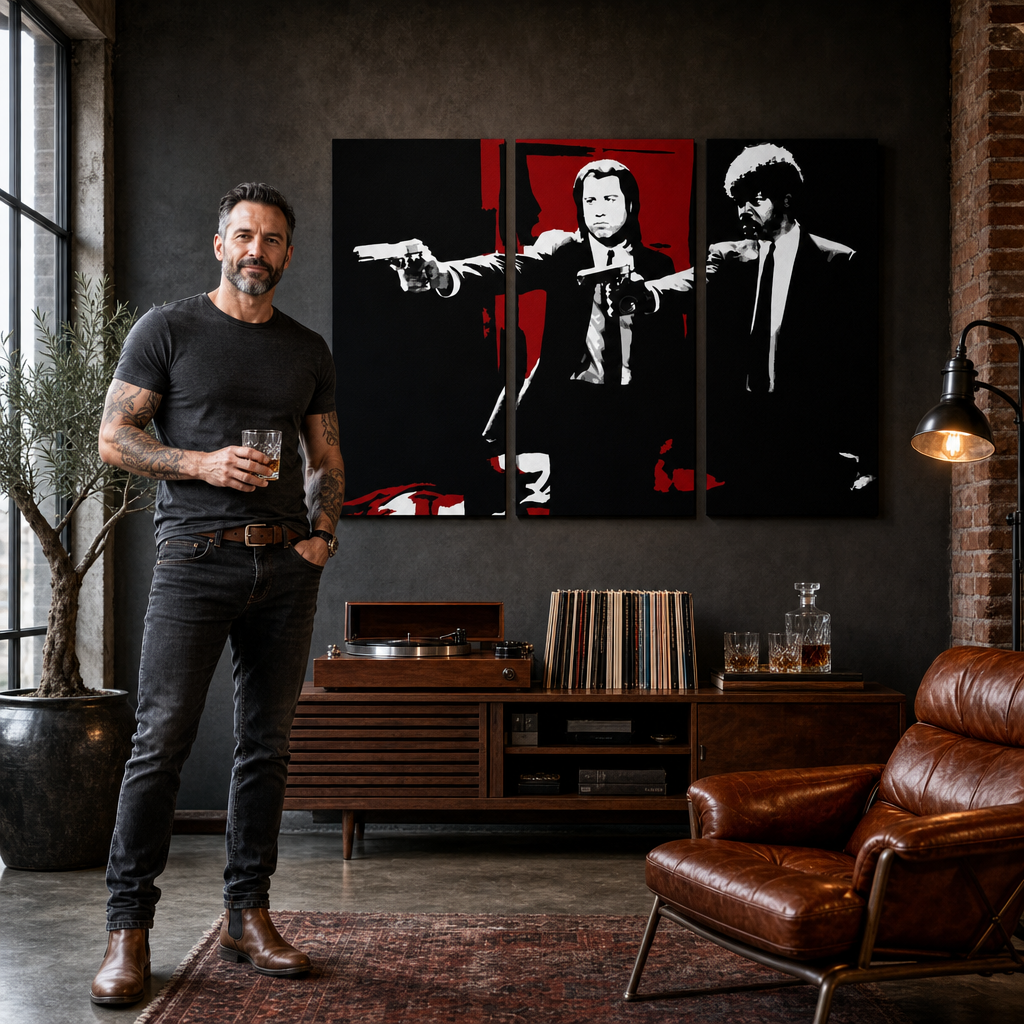 Ručne maľovaný POP Art obraz Pulp Fiction – obraz v modernom mužskom interiéri, lifestyle vizualizácia. Dominantné farby: čierna, červená, biela.