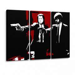 Ručne maľovaný POP Art obraz Pulp Fiction – 3D vizualizácia ručne maľovaného plátna na bielom pozadí. Dominantné farby: čierna, červená, biela.