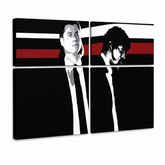Ručne maľovaný POP Art obraz Pulp Fiction – 3D vizualizácia ručne maľovaného plátna na bielom pozadí. Dominantné farby: čierna, červená, biela, sivá, hnedá.