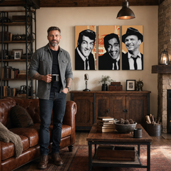 Ručne maľovaný POP Art obraz Rat Pack – obraz v modernom mužskom interiéri, lifestyle vizualizácia. Dominantné farby: čierna, biela, oranžová.