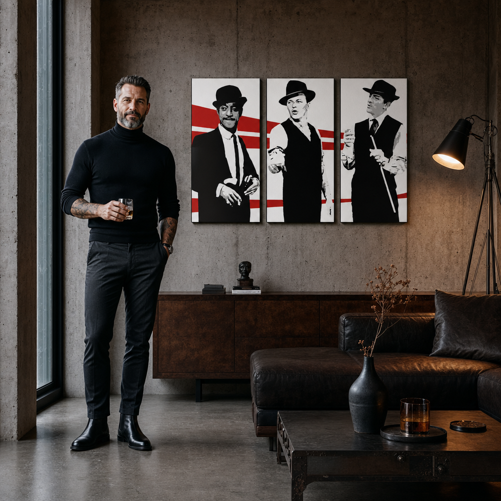 Ručne maľovaný POP Art obraz Rat Pack – obraz v modernom mužskom interiéri, lifestyle vizualizácia. Dominantné farby: čierna, biela, červená.