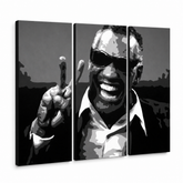 Ručne maľovaný Pop Art obraz Ray Charles | triptych – 3D vizualizácia ručne maľovaného plátna na bielom pozadí. Dominantné farby: čierna, biela, sivá.