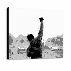 Ručne maľovaný POP Art obraz ROCKY – 3D vizualizácia ručne maľovaného plátna na bielom pozadí. Dominantné farby: čierna, biela, sivá.