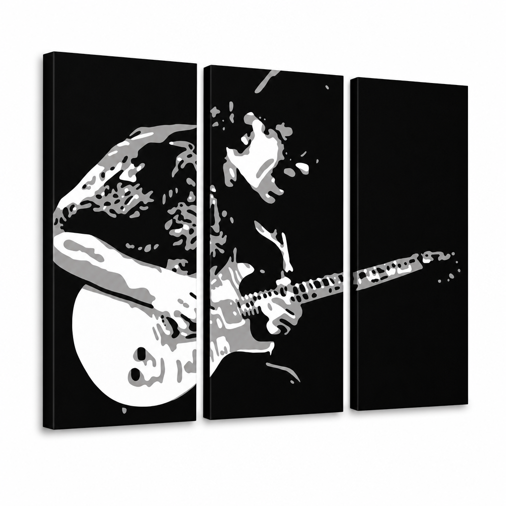 Ručne maľovaný POP Art obraz Santana – 3D vizualizácia ručne maľovaného plátna na bielom pozadí. Dominantné farby: čierna, biela, sivá.