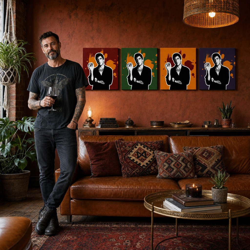 Ručne maľovaný POP Art obraz Scarface - AL PACINO – obraz v modernom mužskom interiéri, lifestyle vizualizácia. Dominantné farby: čierna, oranžová, červená, zelená, fialová.