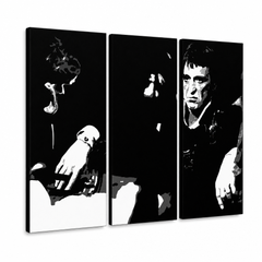 Ručne maľovaný POP Art obraz SCARFACE-AL PACINO – 3D vizualizácia ručne maľovaného plátna na bielom pozadí. Dominantné farby: čierna, biela.