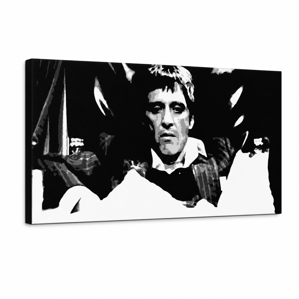 Ručne maľovaný POP Art obraz Scarface – 3D vizualizácia ručne maľovaného plátna na bielom pozadí. Dominantné farby: čierna, biela, šedá.