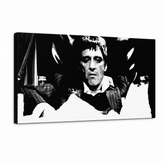 Ručne maľovaný POP Art obraz Scarface – 3D vizualizácia ručne maľovaného plátna na bielom pozadí. Dominantné farby: čierna, biela, šedá.