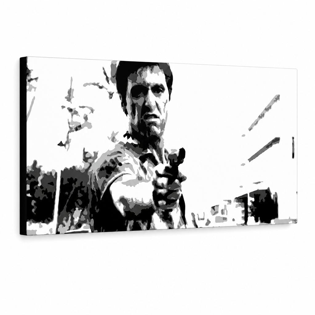 Ručne maľovaný POP Art obraz Scarface – 3D vizualizácia ručne maľovaného plátna na bielom pozadí. Dominantné farby: čierna, biela, sivá.