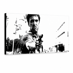 Ručne maľovaný POP Art obraz Scarface – 3D vizualizácia ručne maľovaného plátna na bielom pozadí. Dominantné farby: čierna, biela, sivá.