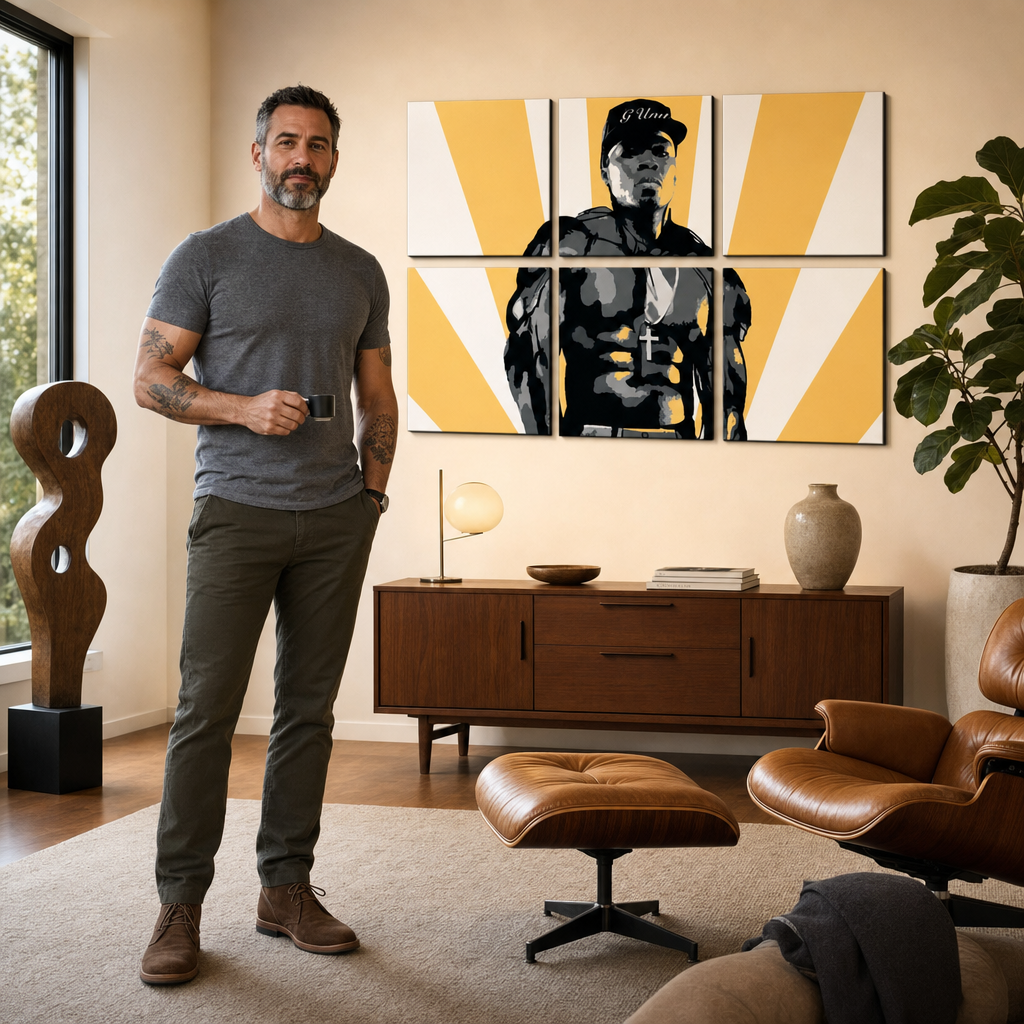 Ručne maľovaný POP Art obraz – obraz v modernom mužskom interiéri, lifestyle vizualizácia. Dominantné farby: žltá, čierna, biela, sivá.