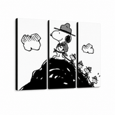 Ručne maľovaný POP Art obraz SNOOPY – 3D vizualizácia ručne maľovaného plátna na bielom pozadí. Dominantné farby: čierna, biela.