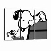 Ručne maľovaný POP Art obraz SNOOPY – 3D vizualizácia ručne maľovaného plátna na bielom pozadí. Dominantné farby: čierna, biela, sivá.