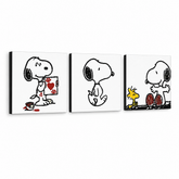 Ručne maľovaný POP Art obraz SNOOPY – 3D vizualizácia ručne maľovaného plátna na bielom pozadí. Dominantné farby: čierna, červená, žltá.