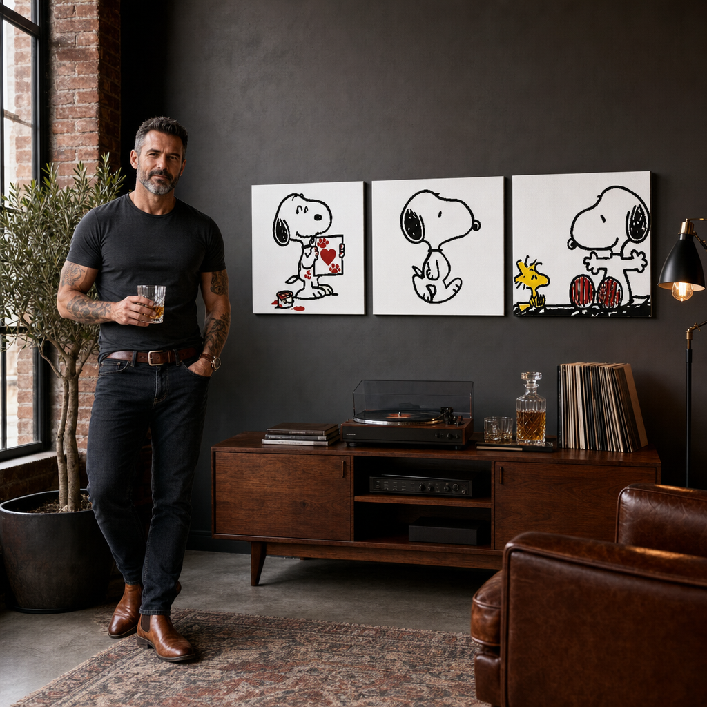 Ručne maľovaný POP Art obraz SNOOPY – obraz v modernom mužskom interiéri, lifestyle vizualizácia. Dominantné farby: čierna, červená, žltá.