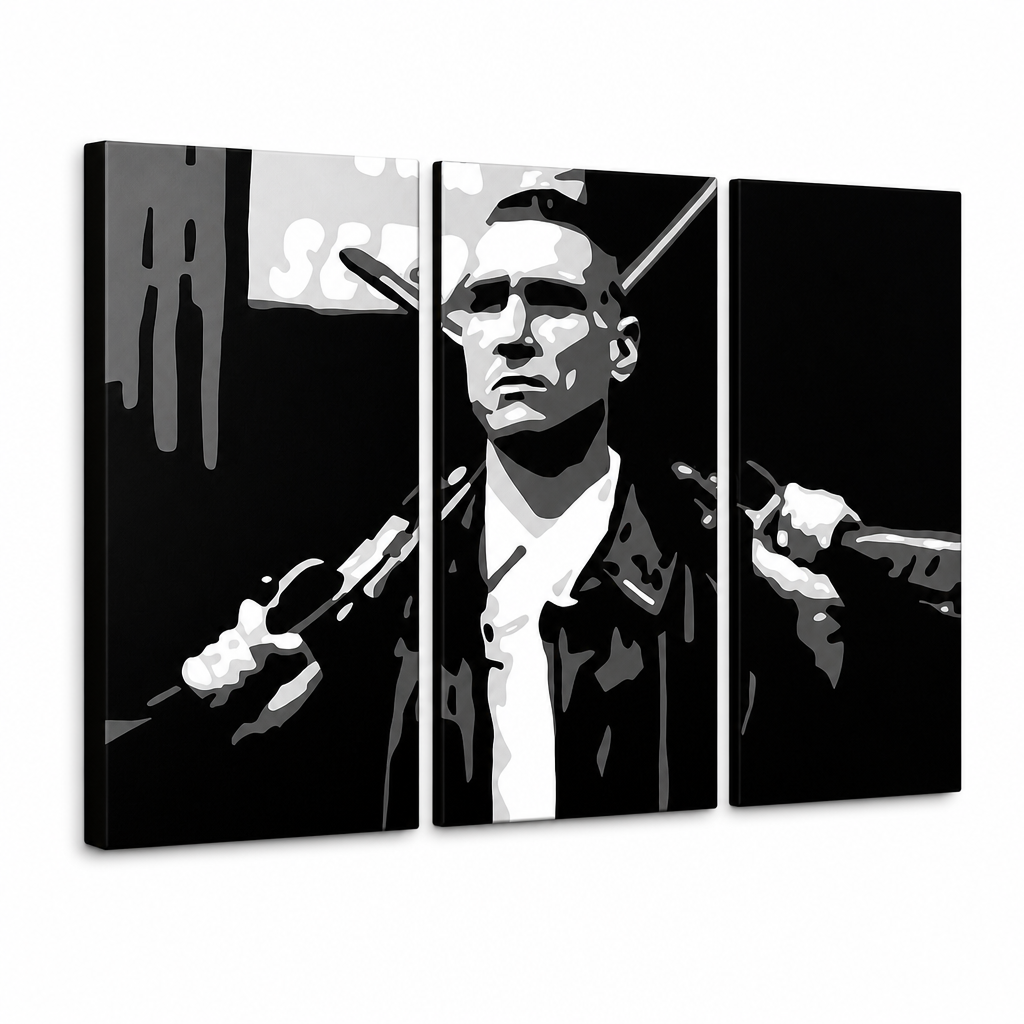 Ručne maľovaný POP Art obraz Stock Lock – 3D vizualizácia ručne maľovaného plátna na bielom pozadí. Dominantné farby: čierna, biela, sivá.
