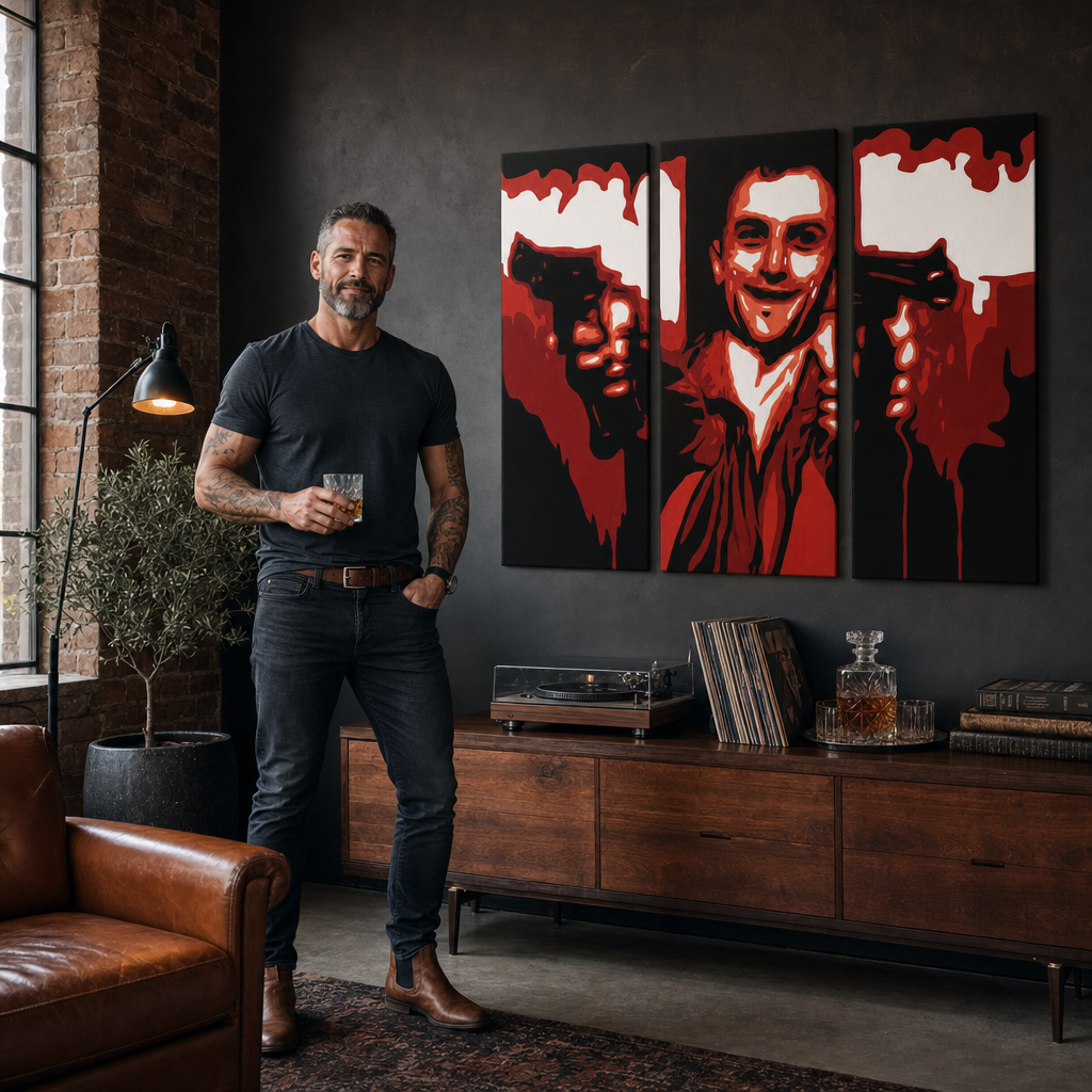 Ručne maľovaný POP Art obraz Taxi Driver – obraz v modernom mužskom interiéri, lifestyle vizualizácia. Dominantné farby: čierna, červená, biela.