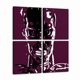 Ručne maľovaný POP Art obraz TERMINATOR – 3D vizualizácia ručne maľovaného plátna na bielom pozadí. Dominantné farby: čierna, biela, fialová.