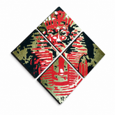 Ručne maľovaný POP Art obraz Tutan Chamon – 3D vizualizácia ručne maľovaného plátna na bielom pozadí. Dominantné farby: čierna, červená, hnedá.