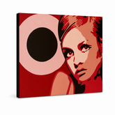 Ručne maľovaný POP Art obraz Twigy – 3D vizualizácia ručne maľovaného plátna na bielom pozadí. Dominantné farby: červená, ružová, čierna, béžová, oranžová.