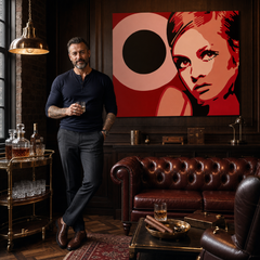 Ručne maľovaný POP Art obraz Twigy – obraz v modernom mužskom interiéri, lifestyle vizualizácia. Dominantné farby: červená, ružová, čierna, béžová, oranžová.