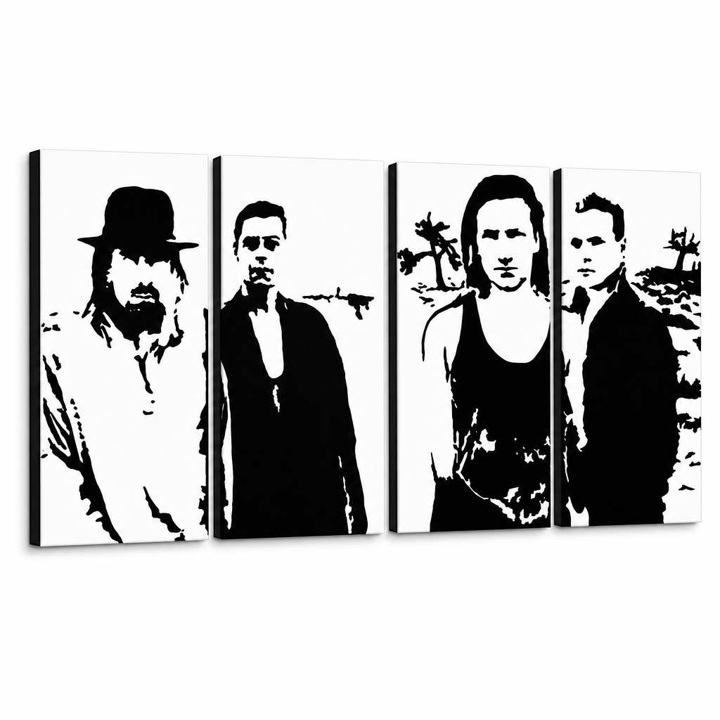 Ručne maľovaný POP Art obraz U2 in Black – 3D vizualizácia ručne maľovaného plátna na bielom pozadí. Dominantné farby: čierna, biela.
