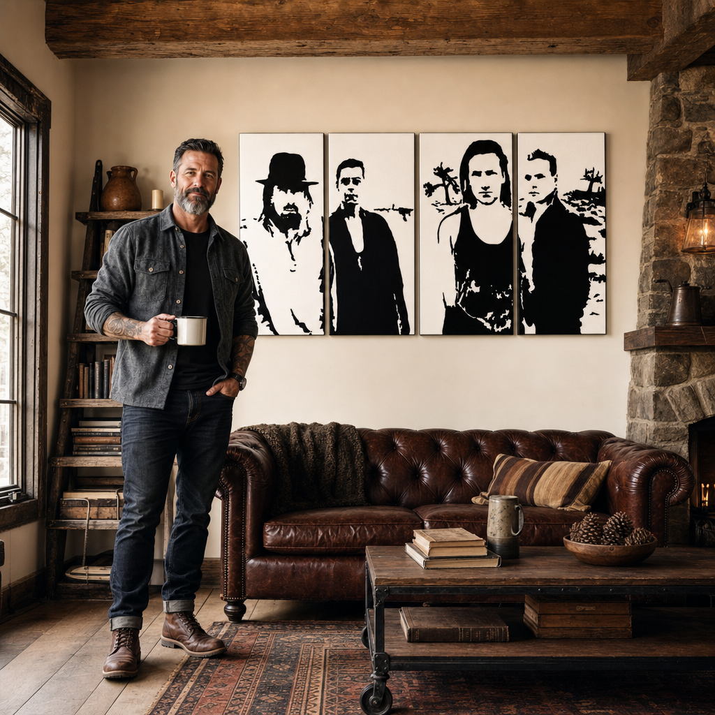 Ručne maľovaný POP Art obraz U2 in Black – obraz v modernom mužskom interiéri, lifestyle vizualizácia. Dominantné farby: čierna, biela.