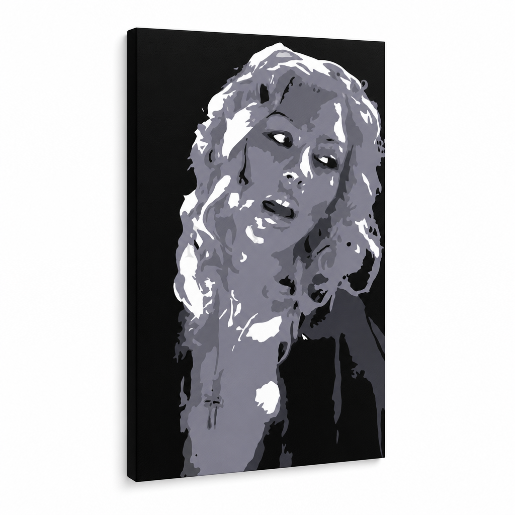Ručne maľovaný POP Christina Aguilera – 3D vizualizácia ručne maľovaného plátna na bielom pozadí. Dominantné farby: čierna, biela, sivá.