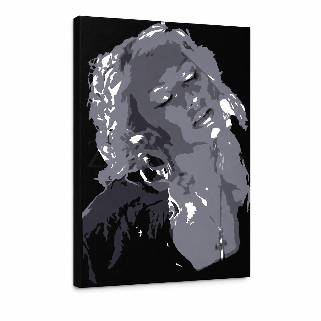 Ručne maľovaný POP Christina Aguilera – 3D vizualizácia ručne maľovaného plátna na bielom pozadí. Dominantné farby: čierna, sivá, biela.