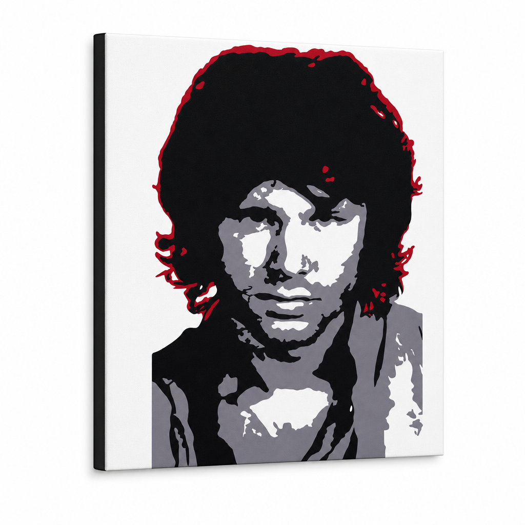 Ručne maľovaný POP Jim Morrison – 3D vizualizácia ručne maľovaného plátna na bielom pozadí. Dominantné farby: čierna, biela, sivá, červená.