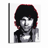 Ručne maľovaný POP Jim Morrison – 3D vizualizácia ručne maľovaného plátna na bielom pozadí. Dominantné farby: čierna, biela, sivá, červená.