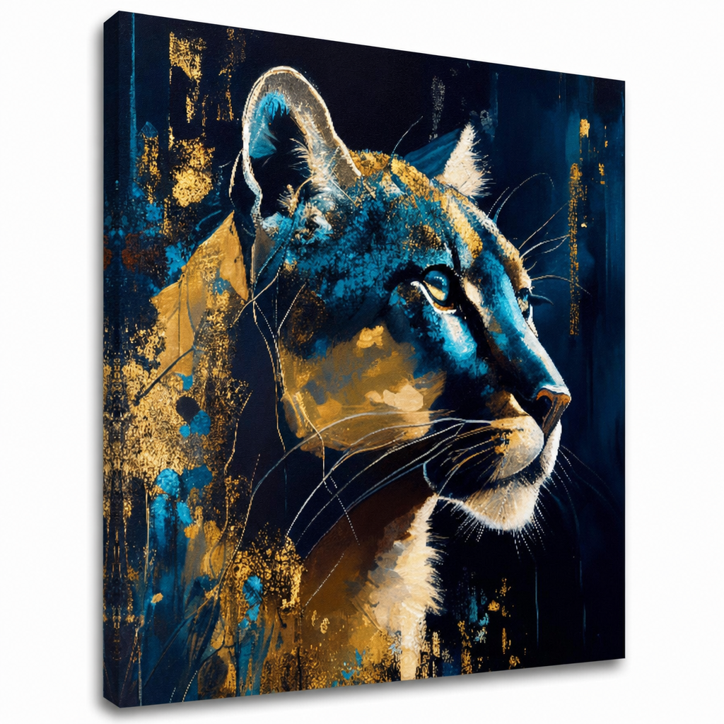 Obraz na plátne Tichý pohľad pumy – modro-zlatá puma, gallery-wrap canvas zo setu Safari Gold