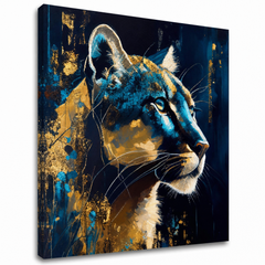 Obraz na plátne Tichý pohľad pumy – modro-zlatá puma, gallery-wrap canvas zo setu Safari Gold