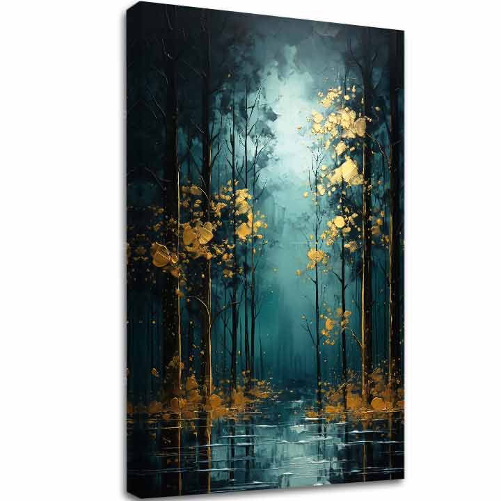 Obraz Zlatá listová fantázia – zlatý les v tyrkysovej noci, 3D canvas gallery-wrap plátno ručne dotvorené akrylom