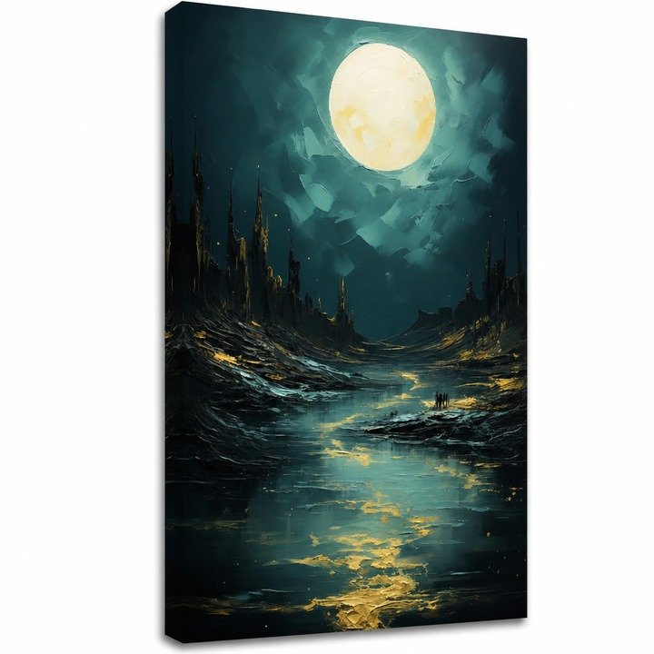 Obraz Mesiac nad tajomnými skalami – nočná zlato-tyrkysová scéna, 3D canvas gallery-wrap plátno ručne dotvorené akrylom