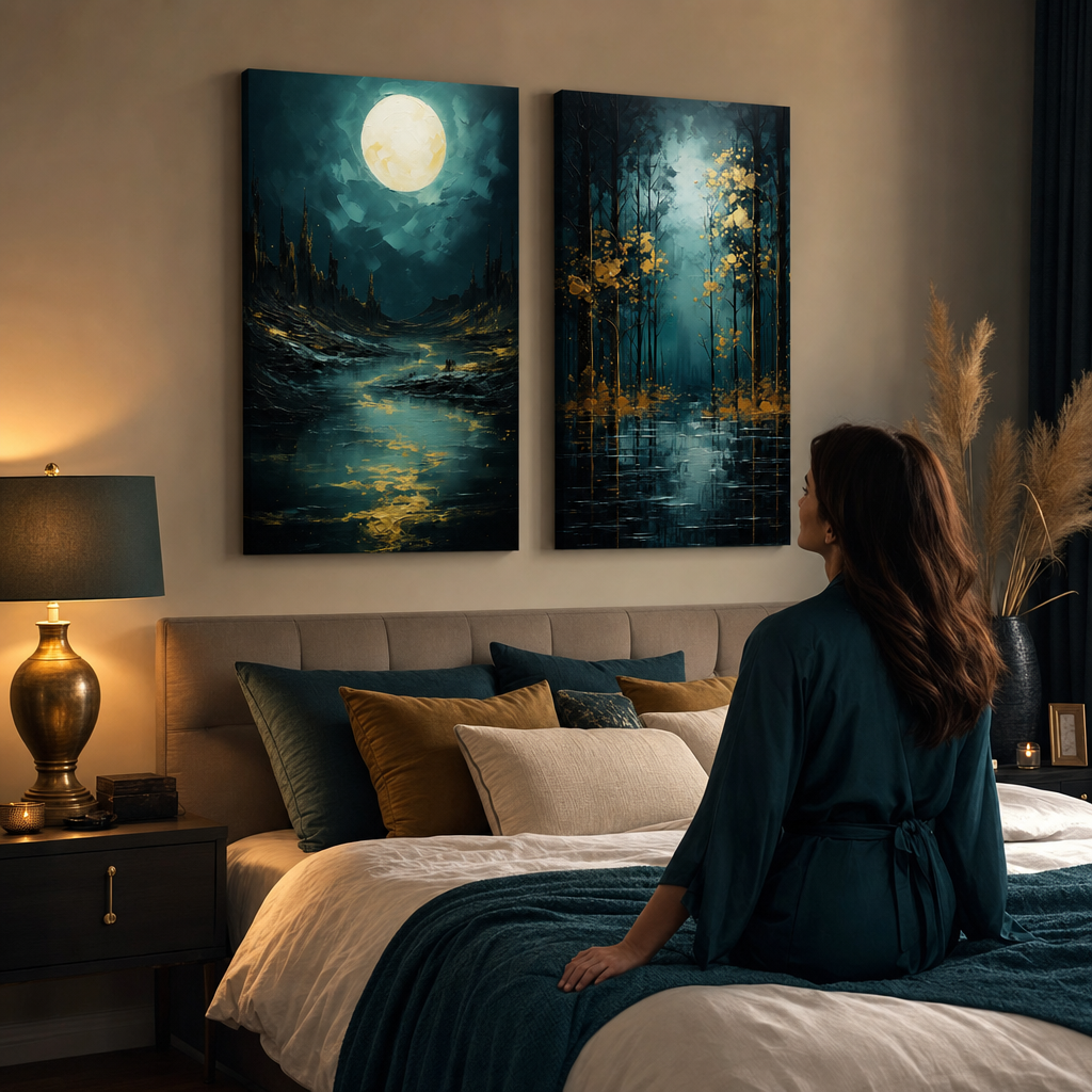Set 2 obrazov Zlatá príroda – Mesiac nad tajomnými skalami a Zlatá listová fantázia – gallery-wrap plátna nad posteľou v elegantnej spálni