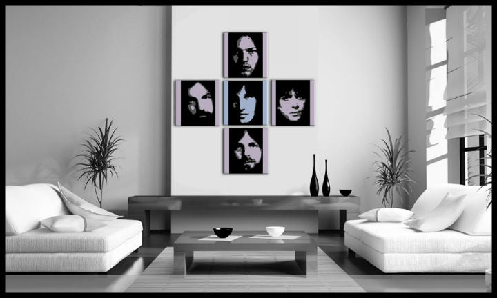 Pop art obraz na plátne s motívom Pink Floyd 4 dielny pf, príroda v bielo-modrých odtieňoch zavesený v interiéri kancelárie, hudobná história – interiér